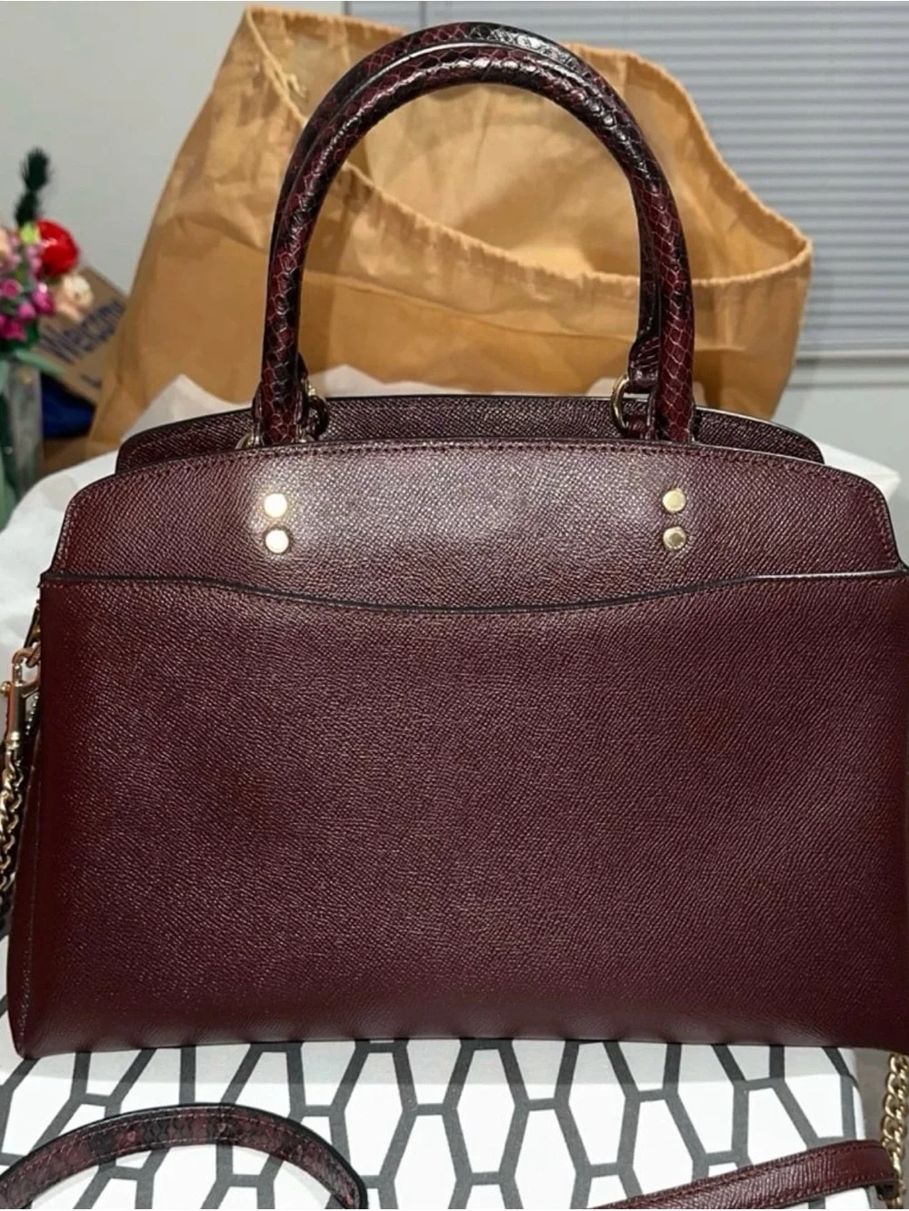 Coach Lillie Carryall Burgundy Leather Satchel with Gold Hardware